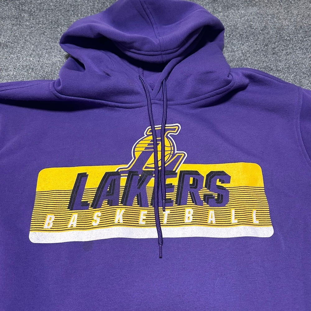 NBA Los Angeles Lakers Hoodie Mens XL Purple Basketball Pullover Striped Trim - Picture 2 of 8